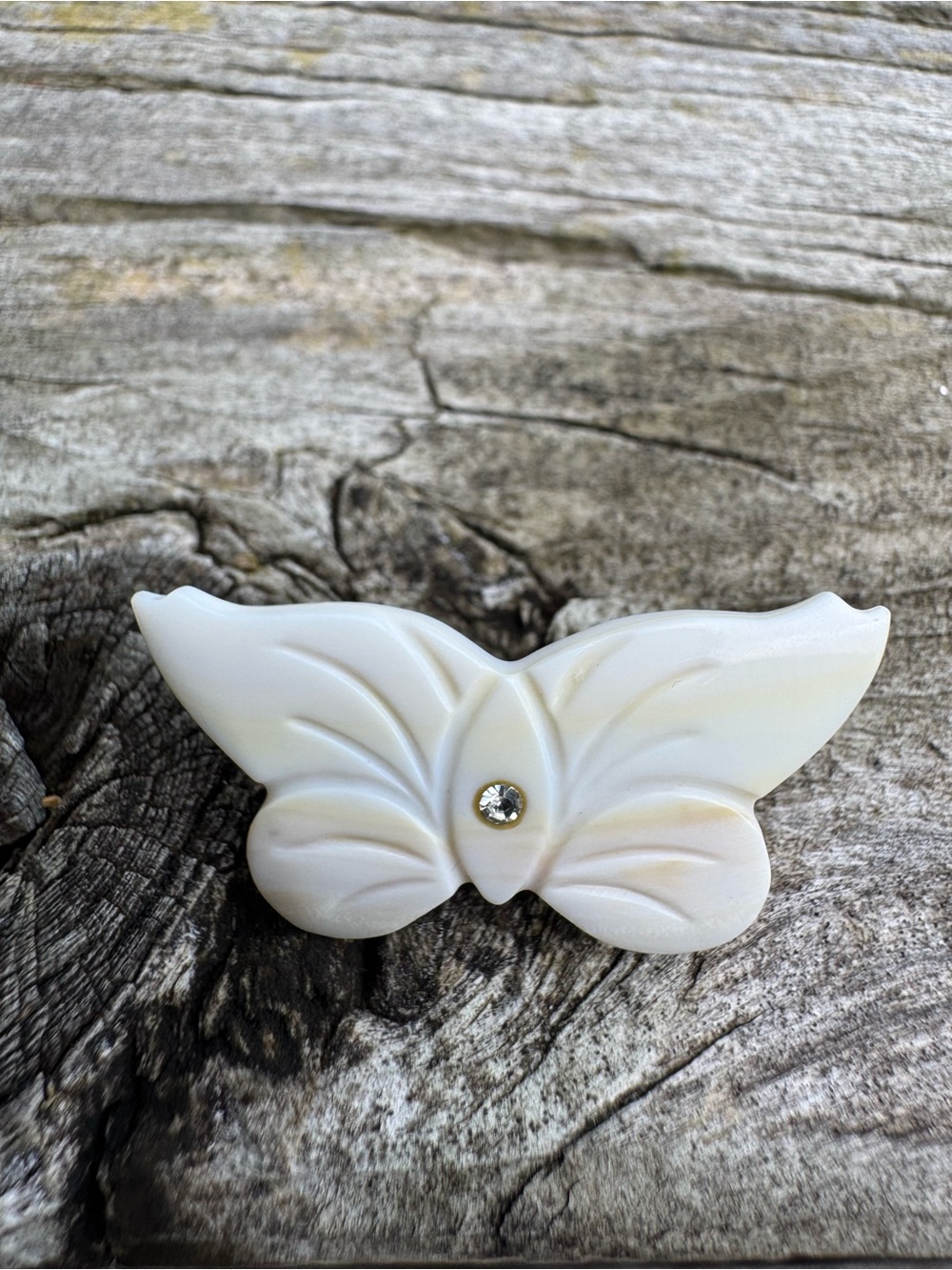 Vintage White Butterfly Carved Shell Brooch with Rhinestone